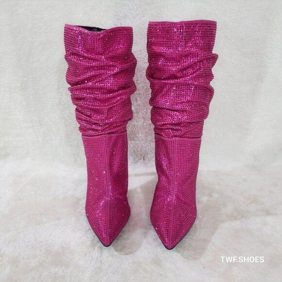 Radiant Fuchsia Pink Rhinestone High Heel Slouch Mid Calf Pull On Boots - Picture 5 of 8